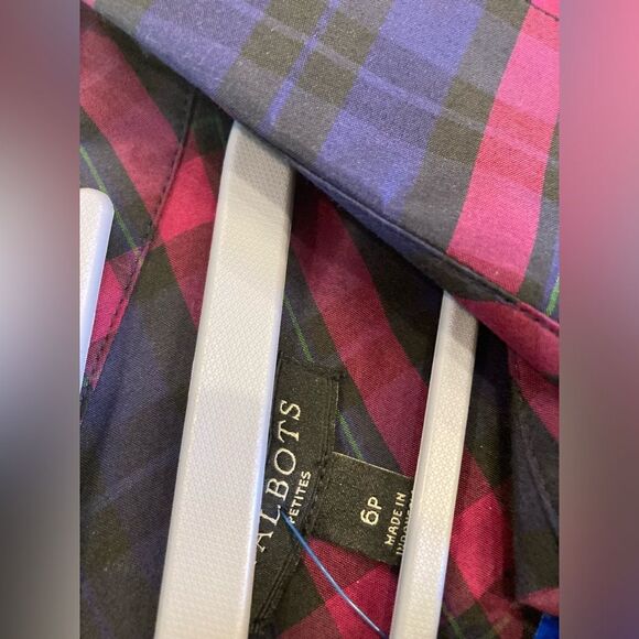 TALBOTS BURGUNDY PLAID SILK COTTON SHIRT DRESS FIT and FLARE 3/4 SLEEVES POCKETS - Picture 10 of 10